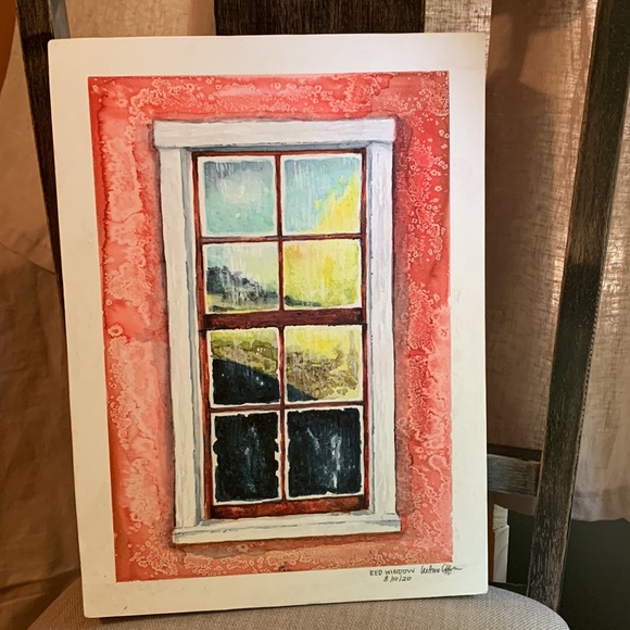 Red wall window watercolor painting 11” by 15” on birch board by local artist. - Picture 6 of 9